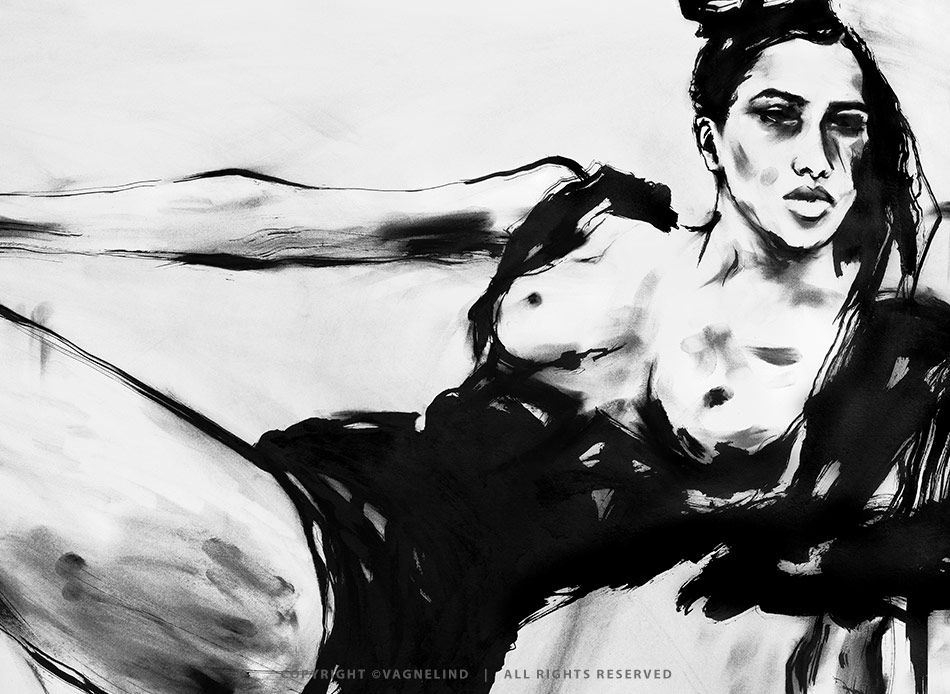 Original ink painting NOIR VEA by Vagnelind, a modern female portrait.