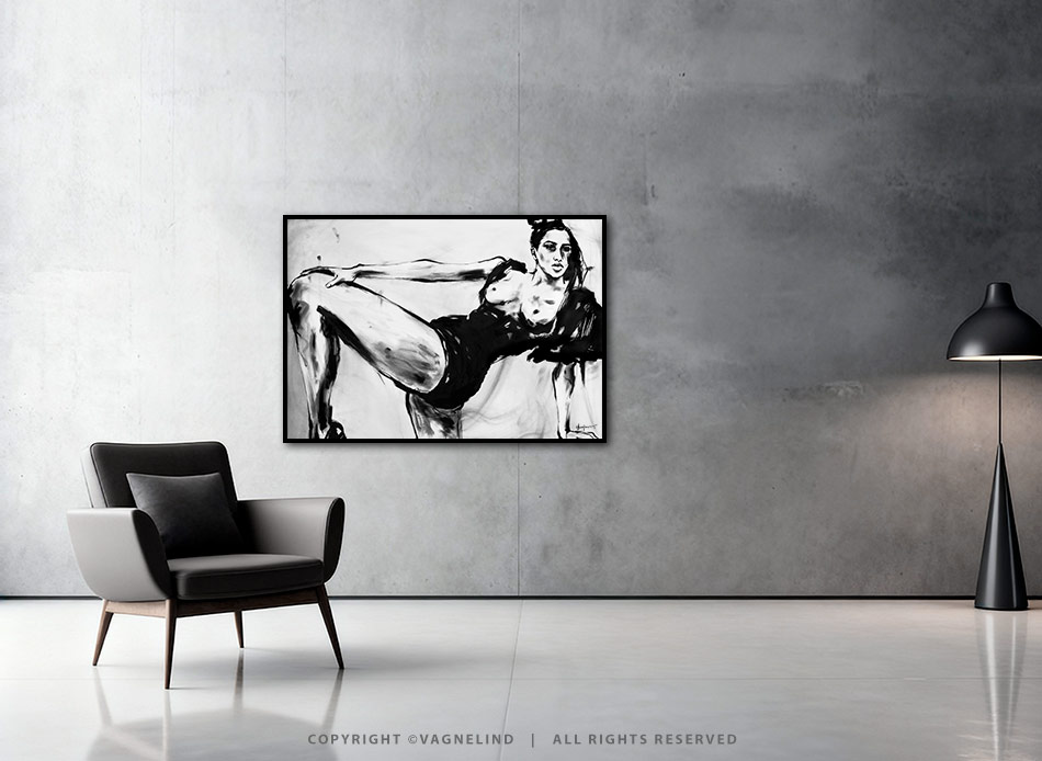 Original ink painting NOIR VEA by Vagnelind, a modern female portrait.