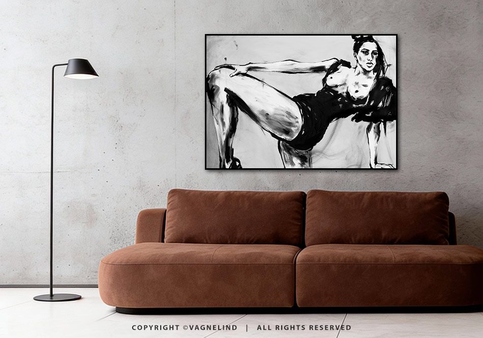 Original ink painting NOIR VEA by Vagnelind, a modern female portrait.