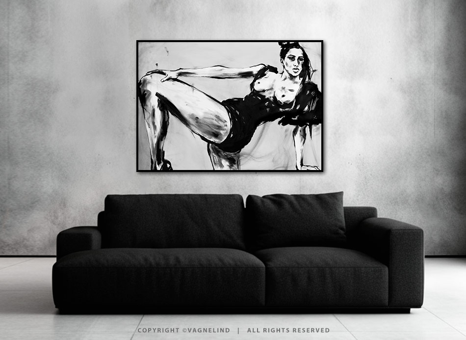 Original ink painting NOIR VEA by Vagnelind, a modern female portrait.
