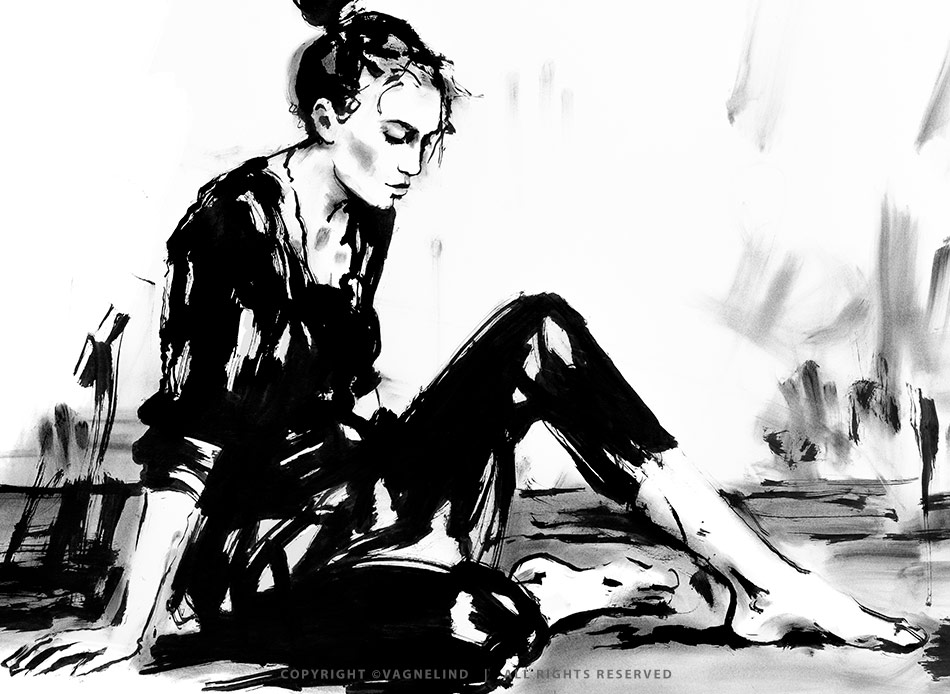 Original ink painting NOIR VEA by Vagnelind, a modern female portrait.