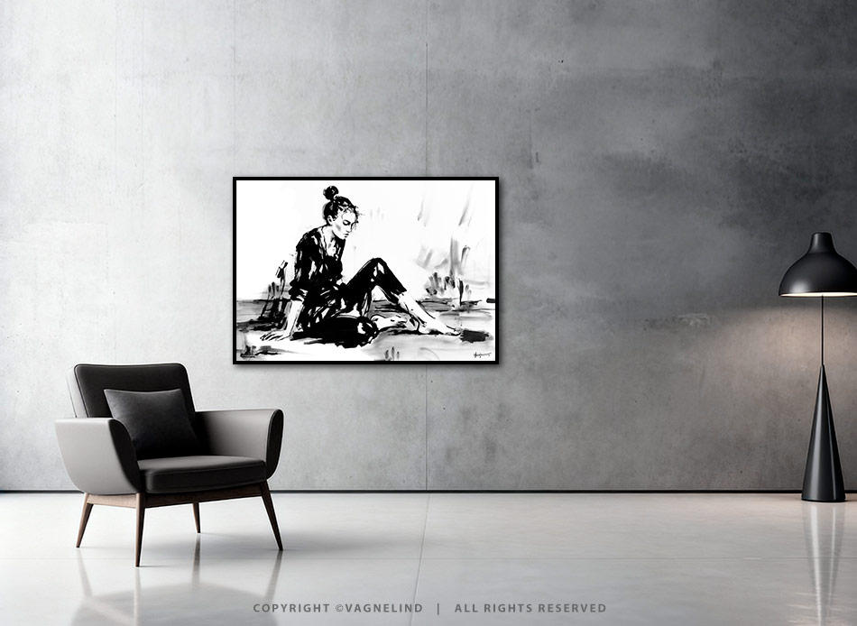 Original ink painting NOIR VEA by Vagnelind, a modern female portrait.