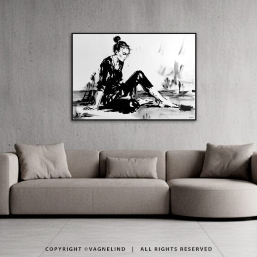 Original ink painting NOIR VEA by Vagnelind, a modern female portrait.
