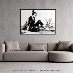 Original ink painting NOIR VEA by Vagnelind, a modern female portrait.