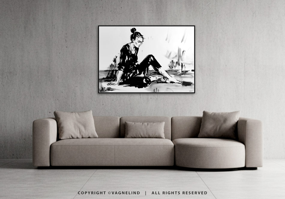 Original ink painting NOIR VEA by Vagnelind, a modern female portrait.