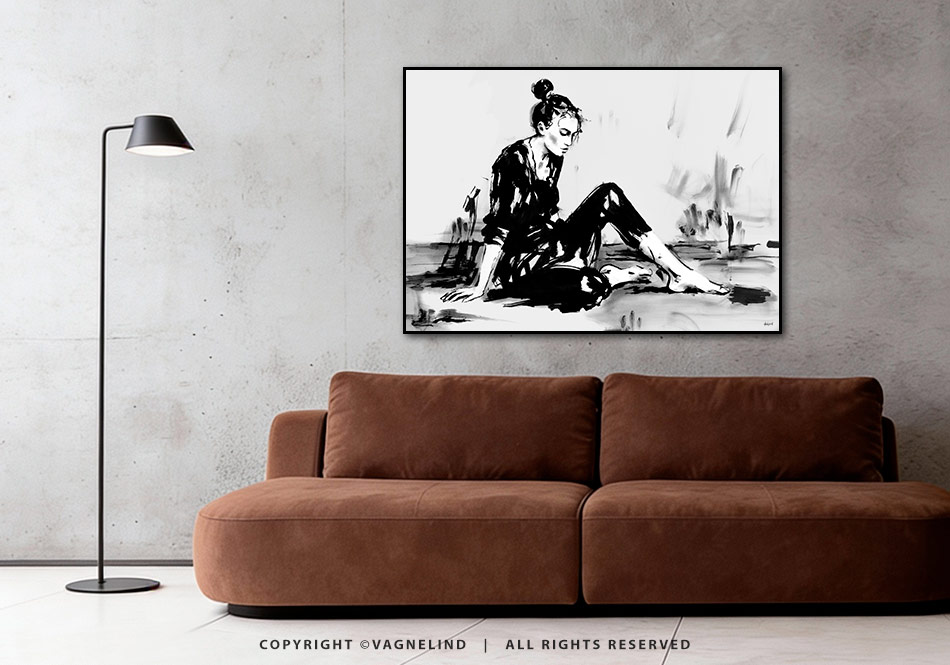Original ink painting NOIR VEA by Vagnelind, a modern female portrait.