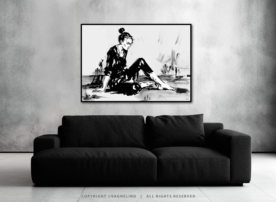 Original ink painting NOIR VEA by Vagnelind, a modern female portrait.