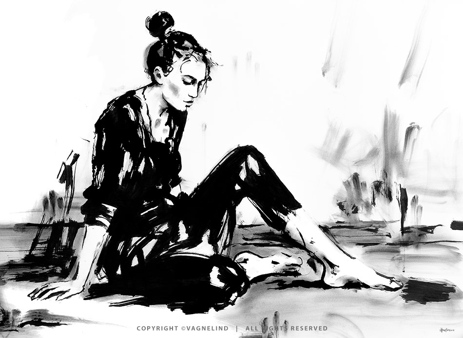 Original ink painting NOIR VEA by Vagnelind, a modern female portrait.