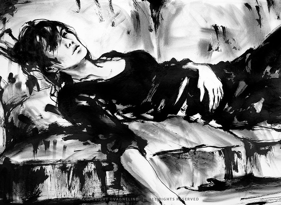 Original ink painting NOIR VEA by Vagnelind, a modern female portrait.