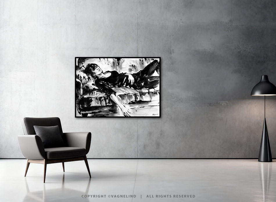 Original ink painting NOIR VEA by Vagnelind, a modern female portrait.