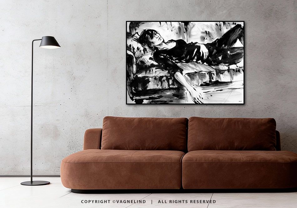 Original ink painting NOIR VEA by Vagnelind, a modern female portrait.