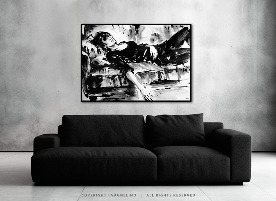 Original ink painting NOIR VEA by Vagnelind, a modern female portrait.