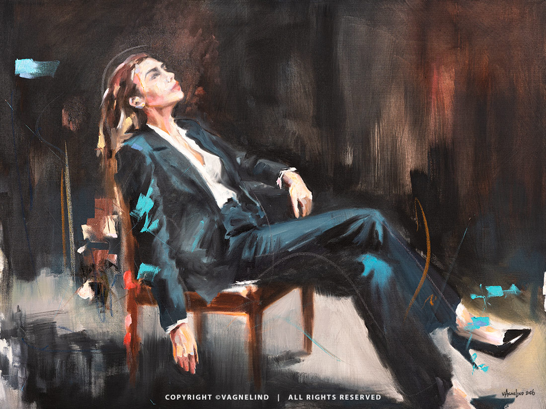 Original oil painting OBLIQUE EDGE by Vagnelind, a modern female portrait.