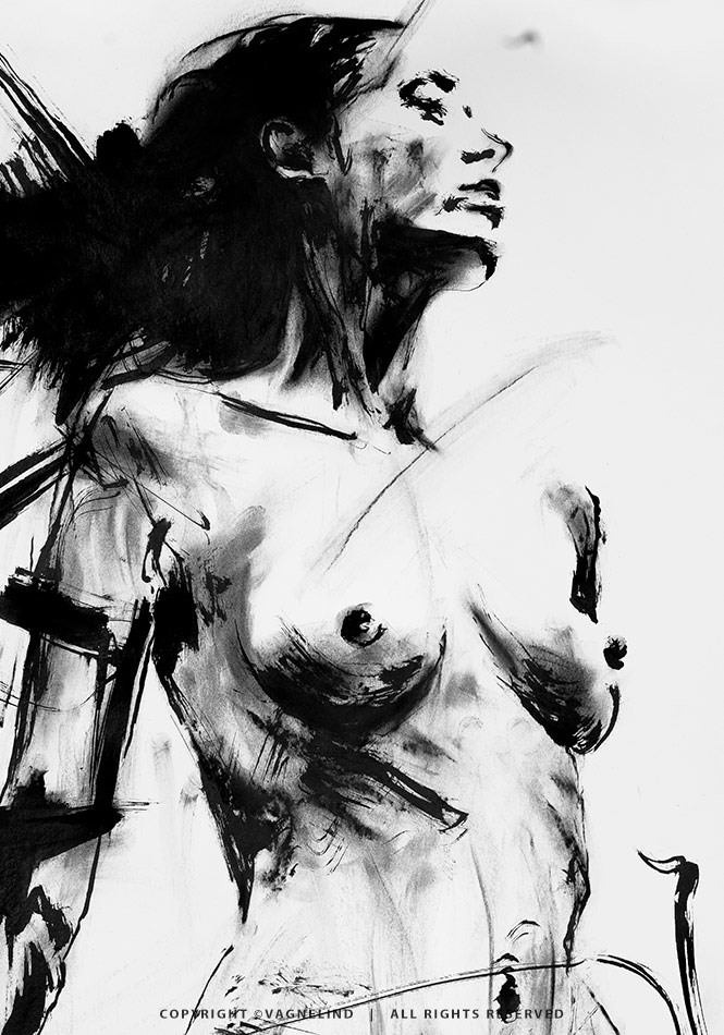 Original ink painting NOIR VEA by Vagnelind, a modern female portrait.