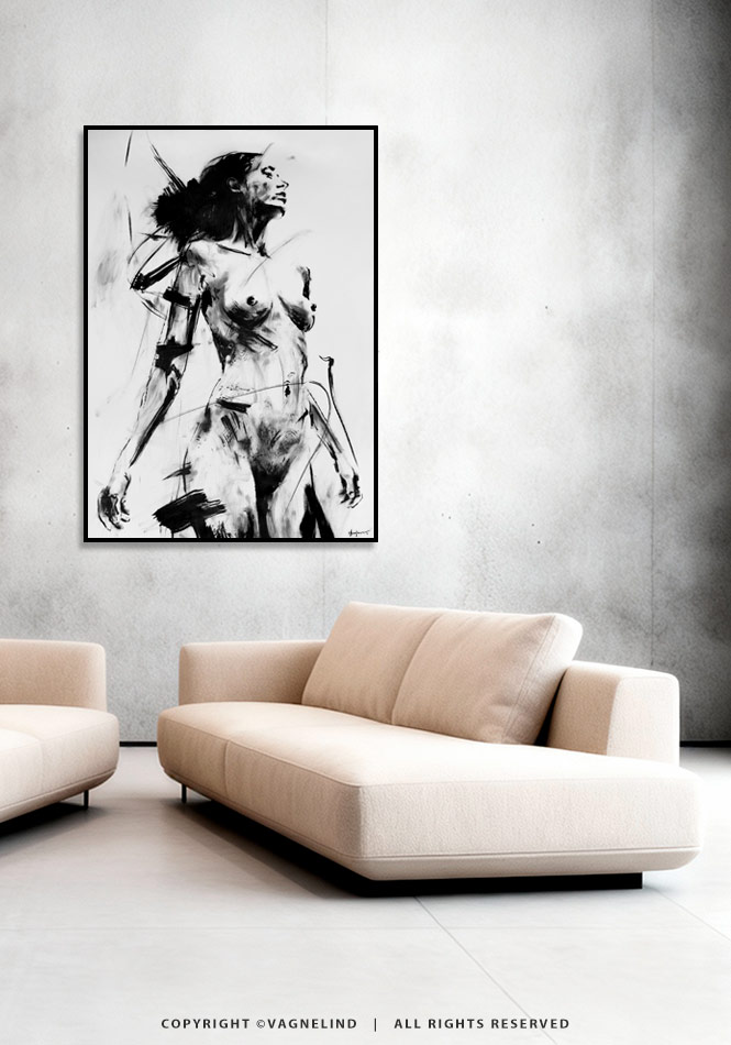 Original ink painting NOIR VEA by Vagnelind, a modern female portrait.