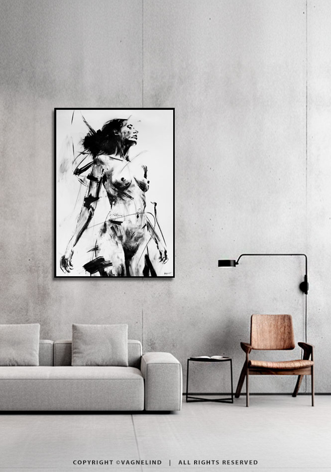 Original ink painting NOIR VEA by Vagnelind, a modern female portrait.