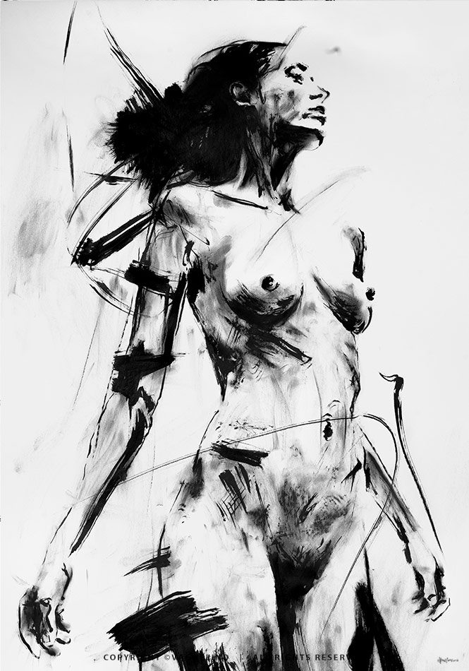 Original ink painting NOIR VEA by Vagnelind, a modern female portrait.