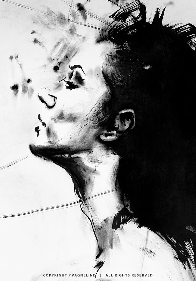 Original ink painting NOIR VEA by Vagnelind, a modern female portrait.