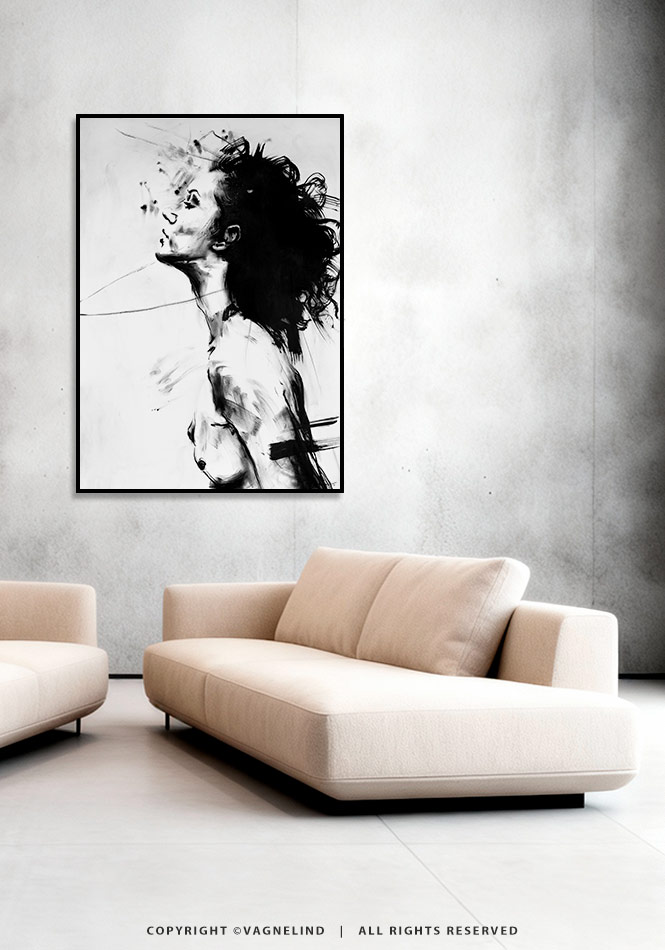 Original ink painting NOIR VEA by Vagnelind, a modern female portrait.