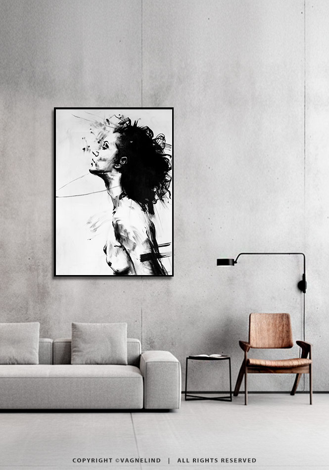 Original ink painting NOIR VEA by Vagnelind, a modern female portrait.