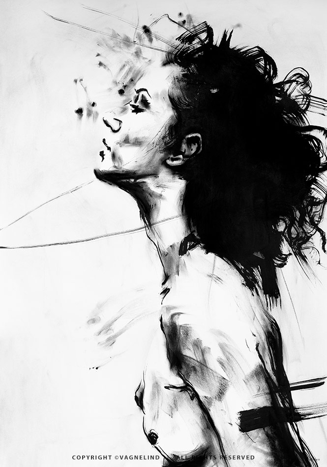 Original ink painting NOIR VEA by Vagnelind, a modern female portrait.